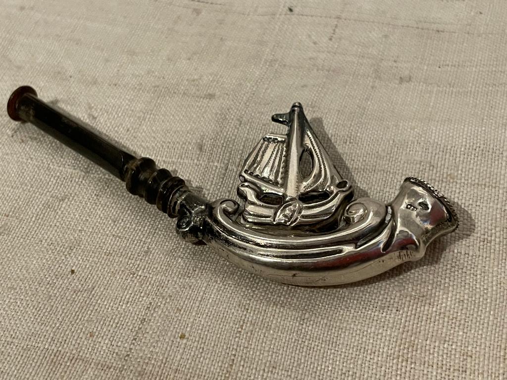antiek bruidegomspijpje met zeilboot rookgerei, Ophalen of Verzenden, Zilver