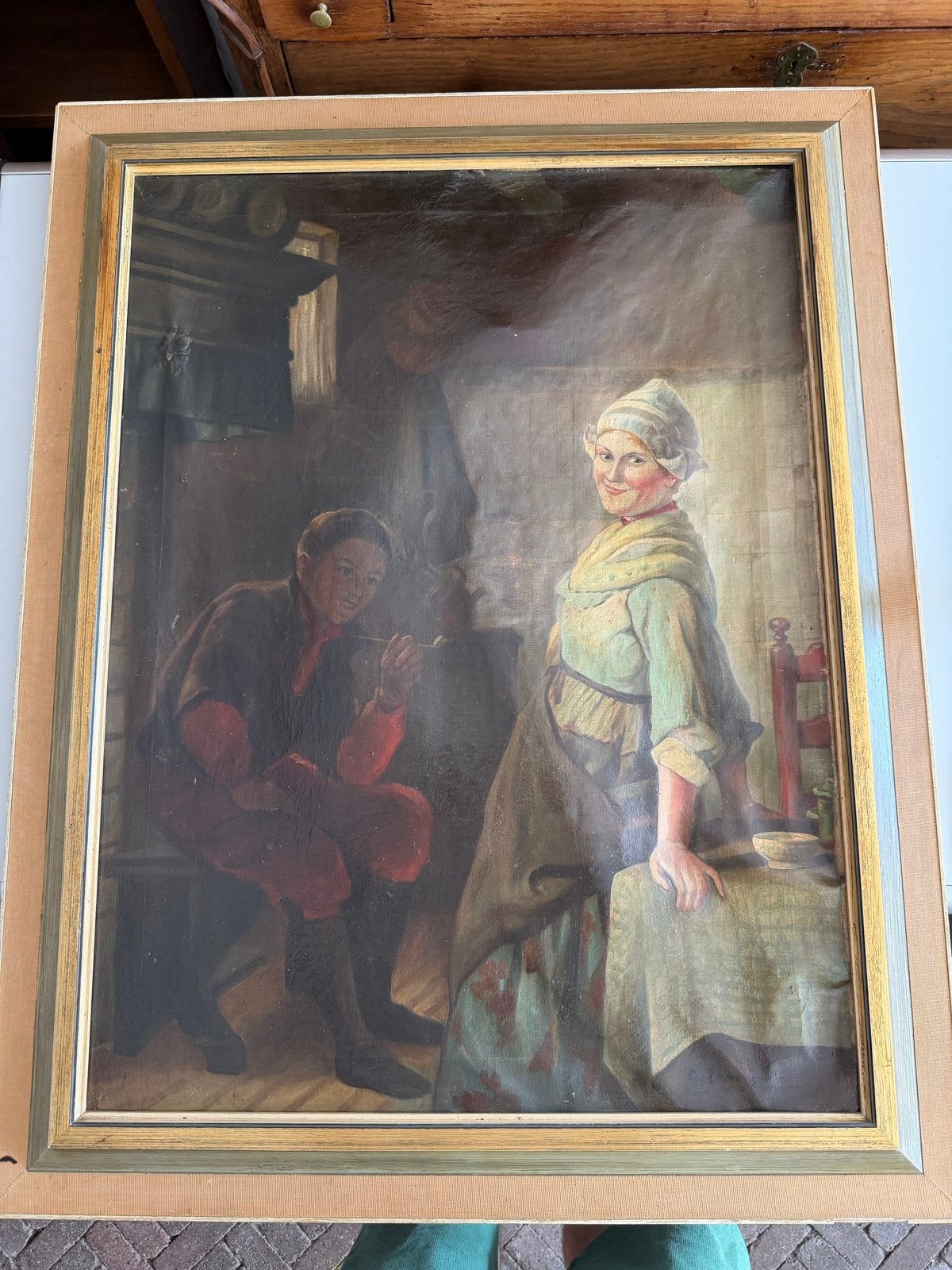 Oud Hollands schilderij: Man met pijp en lachende vrouw, Doek, Portret of Personen, Oud hollands, Ophalen of Verzenden