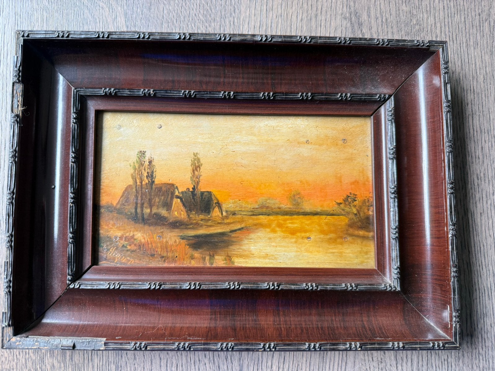 olieverfschilderij op paneel – boerenlandschap rond 1900, Paneel, Ophalen of Verzenden, Landschap, Olieverf