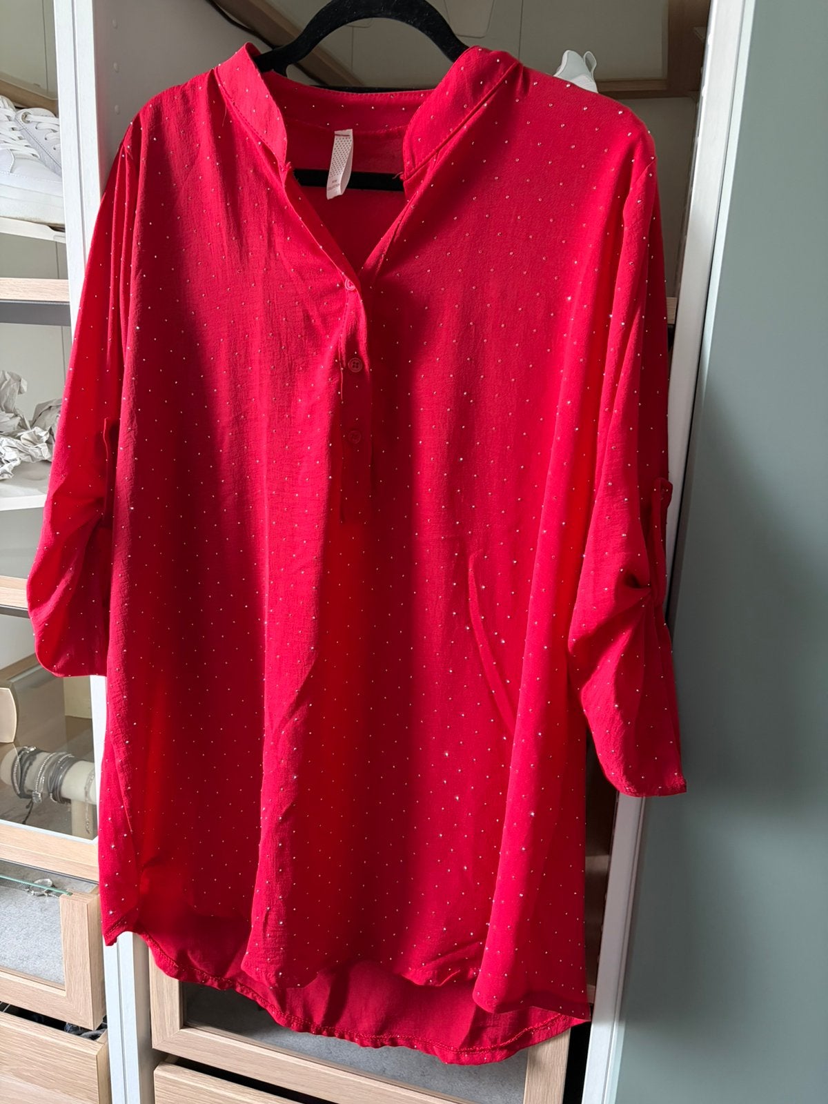Rode tuniek/blouse met glitters, 42, Ophalen of Verzenden, Zo goed als nieuw, Maat 42/44 (L), Rood