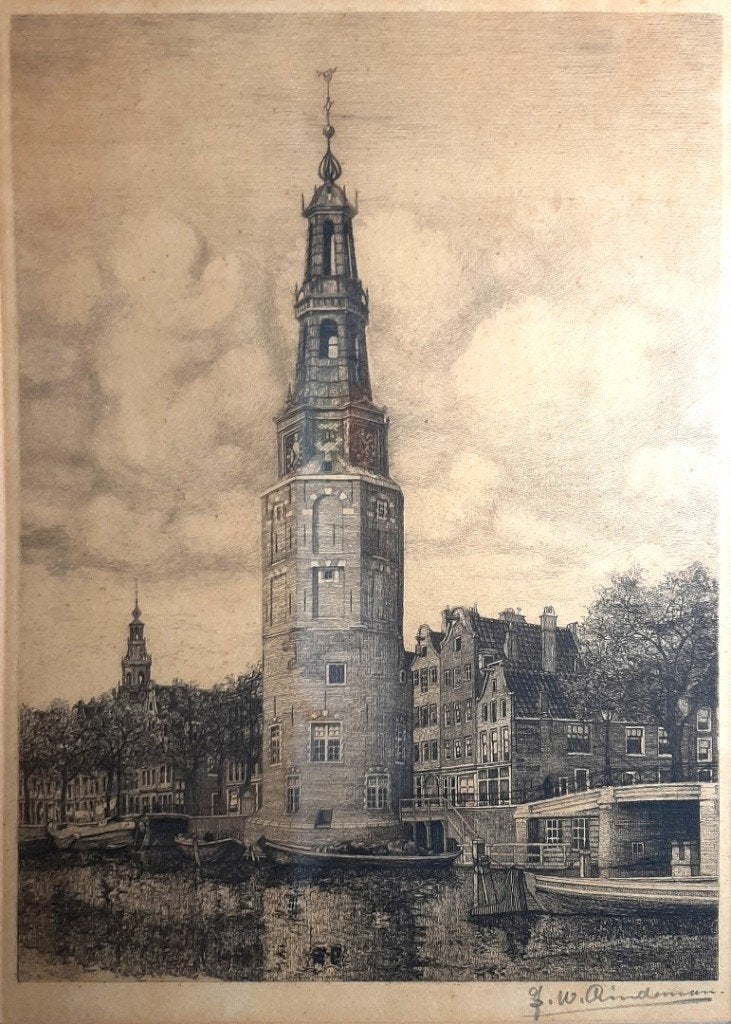 Ets van: Jan (W.) Lindeman De Montelbaanstoren A.dam., Antiek en Kunst, Kunst | Etsen en Gravures, Ets, Gesigneerd, Ingelijst