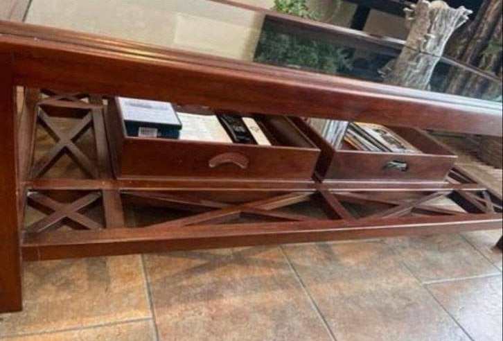 Salontafel met glasplaat en handige lectuurbakken, Ophalen, Gebruikt, Rechthoekig, Glas