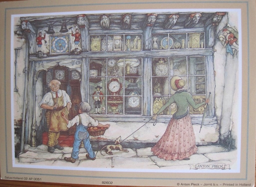 Anton Pieck prentje - buiten bij de klokkenwinkel, Verzamelen, 1980 tot heden, Ophalen of Verzenden, Zo goed als nieuw, Prent