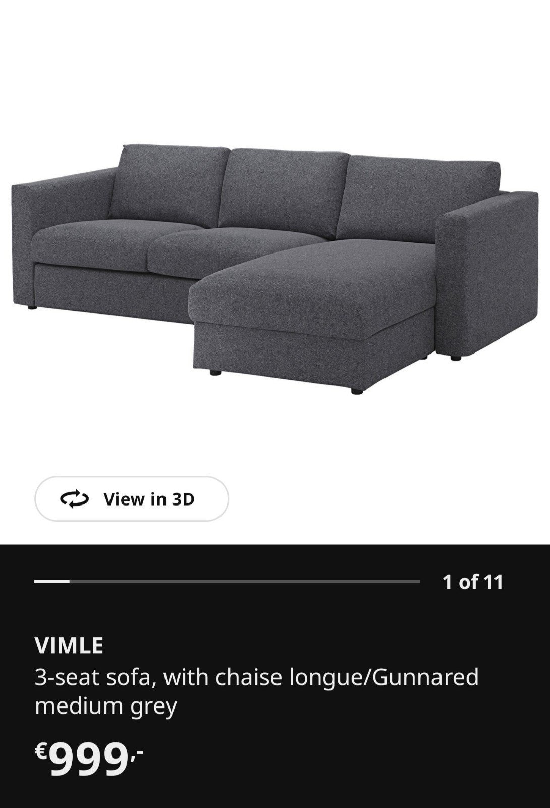 IKEA VIMLE Hoekbank met longchair - Grijs (250x165 cm), Huis en Inrichting, Gebruikt, Modern, Scandinavisch, Hoekbank, Ophalen of Verzenden