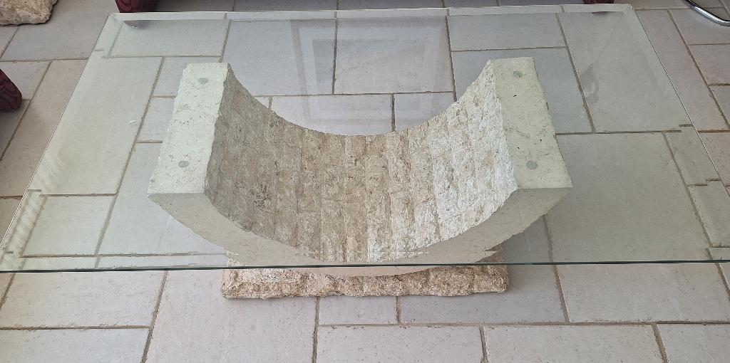 Stenen salon tafel met glasplaat, Ophalen, Overige materialen, Gebruikt, 100 tot 150 cm