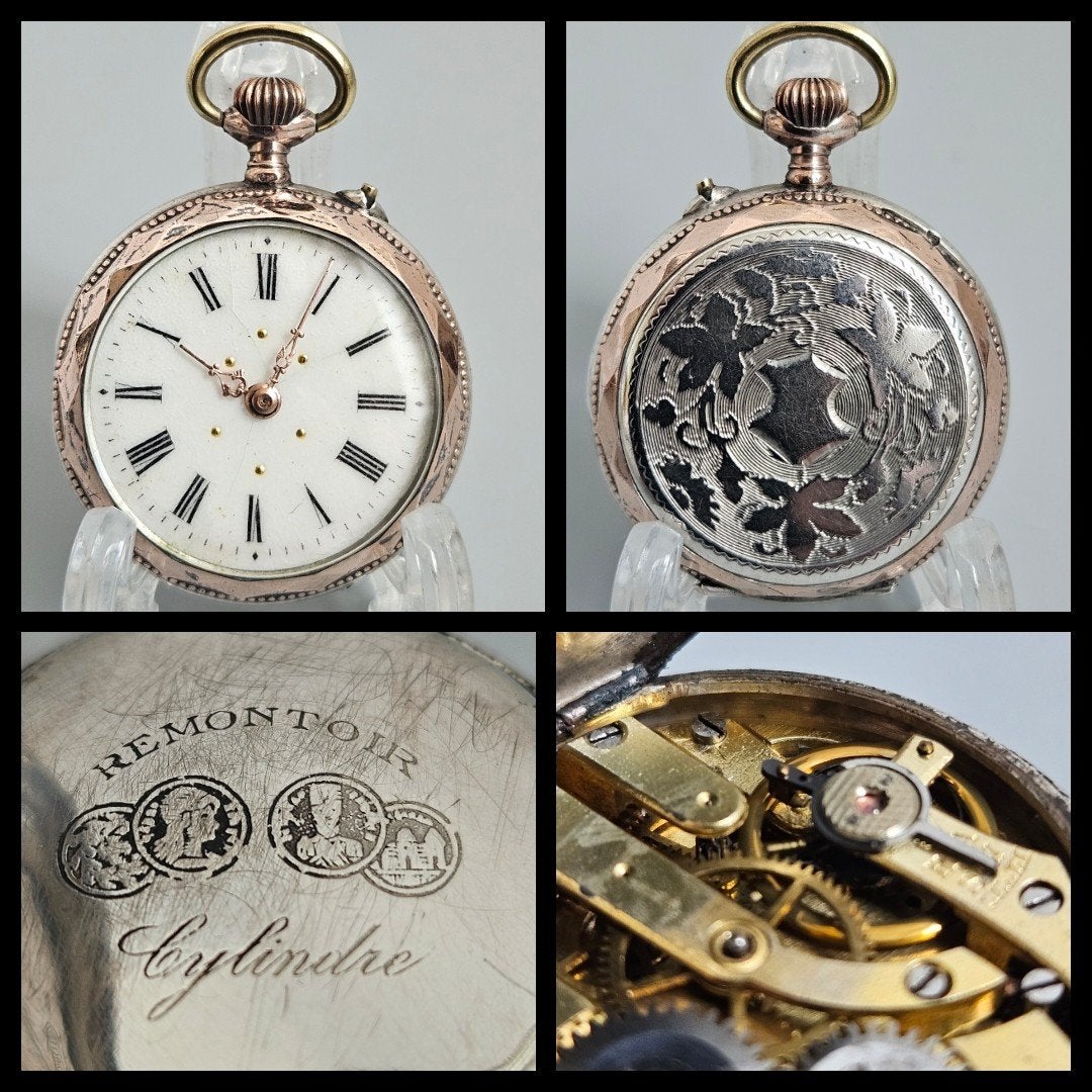 Antiek zilver,  deels verguld Remontoir dames zakhorloge, Ophalen of Verzenden, Zilver