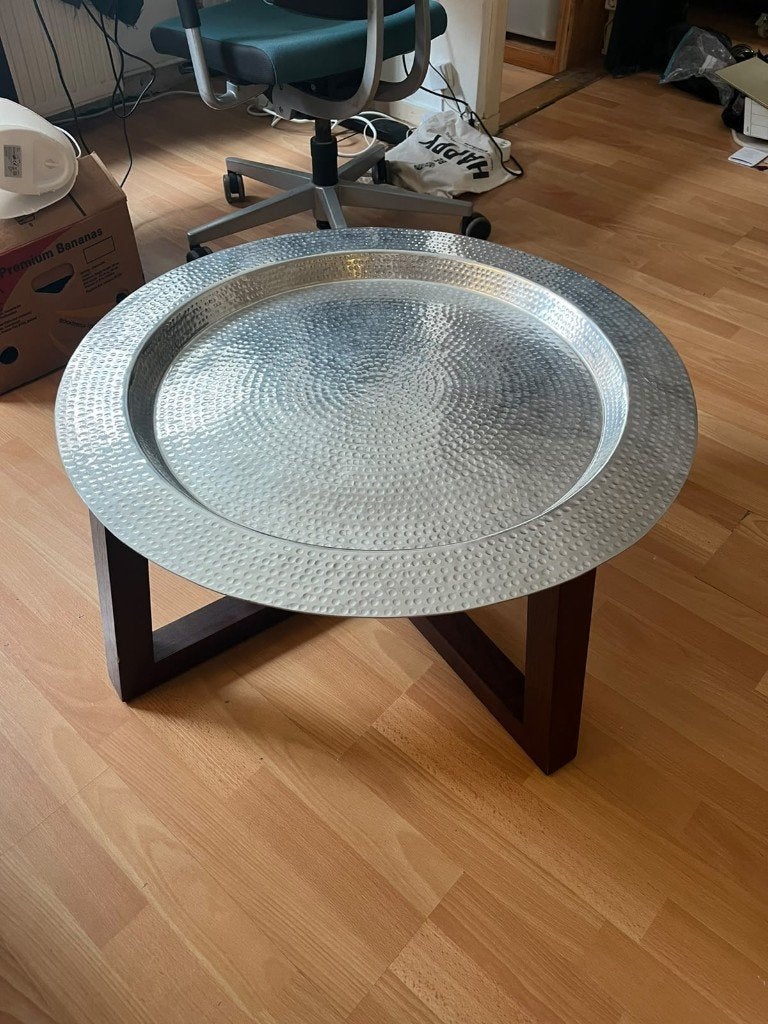 Salontafel met zilveren dienbladblad, Huis en Inrichting, Ophalen, Minder dan 45 cm, Gebruikt, Modern, Industrieel
