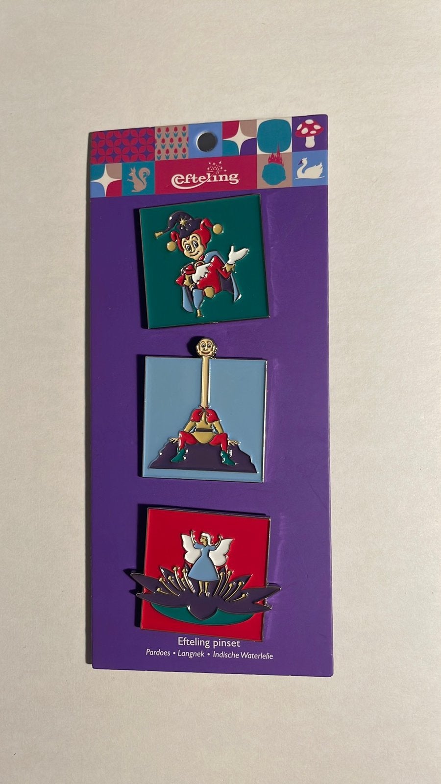 Efteling pinset Pardoes, Langnek, Indische Waterlelies, Verzamelen, Efteling, Ophalen of Verzenden, Nieuw, Button of Speldje