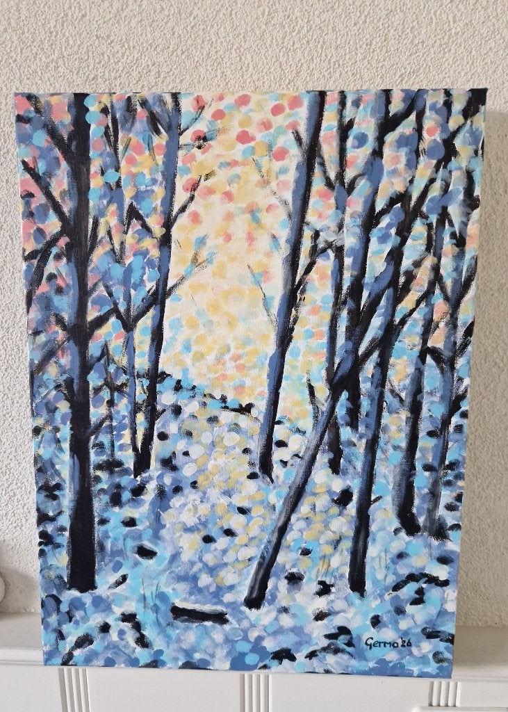 Schilderij: Winterbos met kleurrijke sneeuw zelf geschilderd, Ophalen