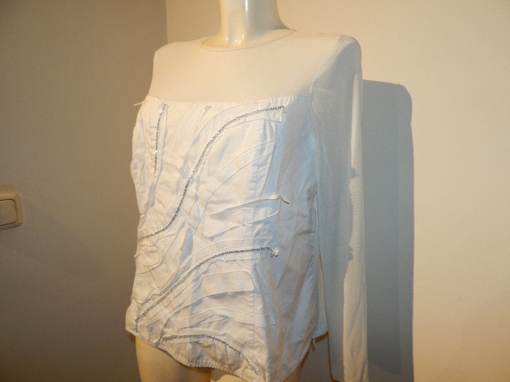 Anne Fontaine shirt voile bovenkant mouwen steentjes erop46, Wit, Maat 42/44 (L), Lange mouw, Gedragen