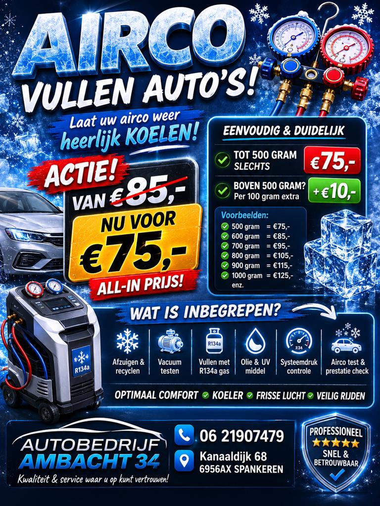 Auto Airco Vullen R134a - Nu voor €75,- (Actie!), Ophalen, Nieuw, Universele onderdelen