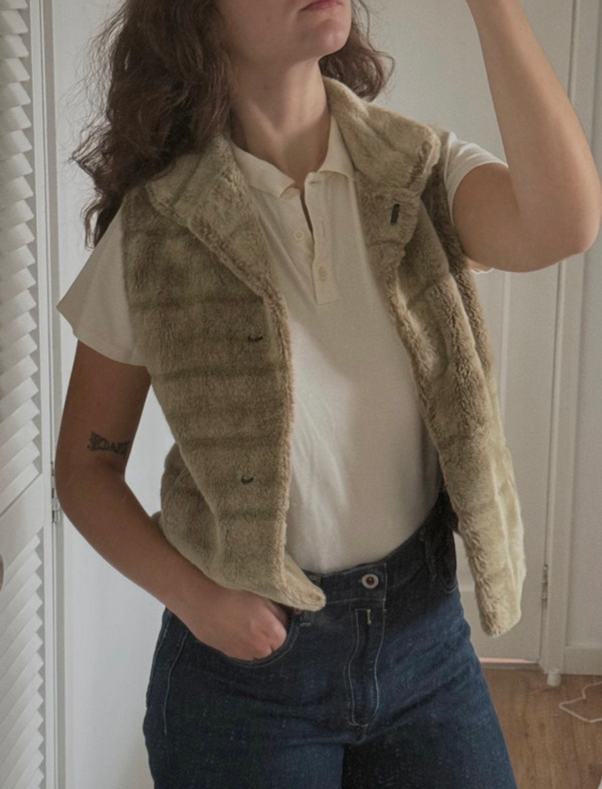 Vintage Franse faux fur gilet, Verzenden, Zo goed als nieuw, Maat 38/40 (M), Beige