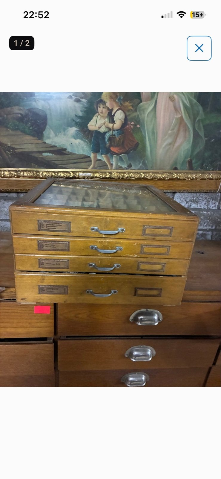 Vintage houten ladekastje met glazen blad, Ophalen