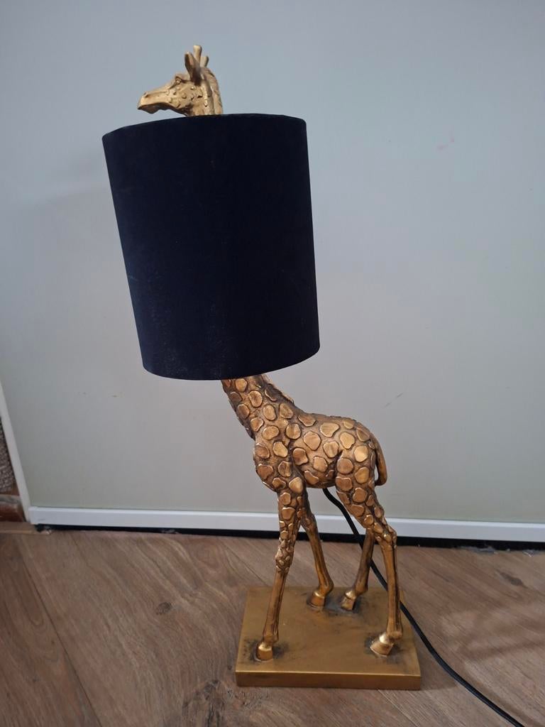 Unieke Giraffe Tafellamp - Gouden Design met Zwarte Kap, Ophalen, 50 tot 75 cm, Zo goed als nieuw, Stof