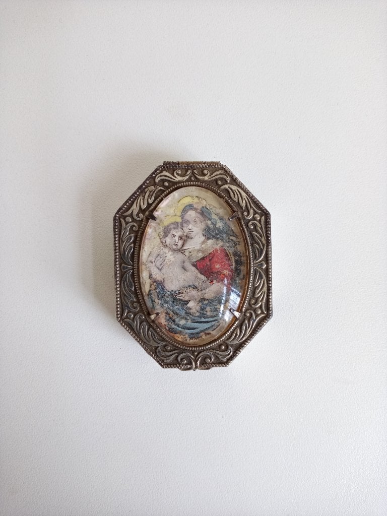 Antiek rozenkransdoosje met achter glas? glazen portret van, Ophalen of Verzenden