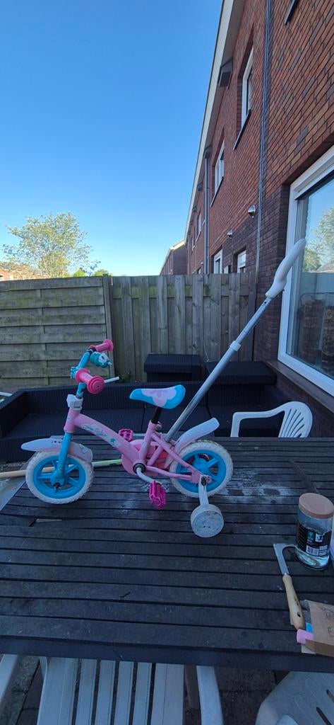 Kinderfietsje roze/blauw met zijwieltjes en duwstang, Fietsen en Brommers, Fietsen | Kinderfietsjes, Terugtraprem, Zijwieltjes