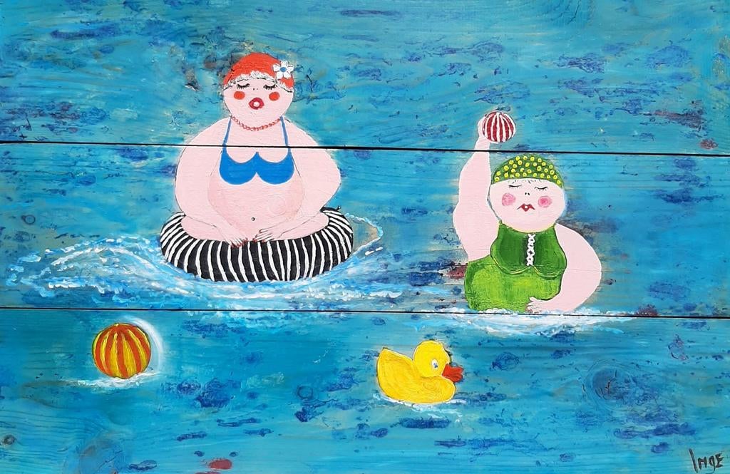 Schilderij op hout Dikke Dames in zwembad in vrolijk acryl, Ophalen of Verzenden