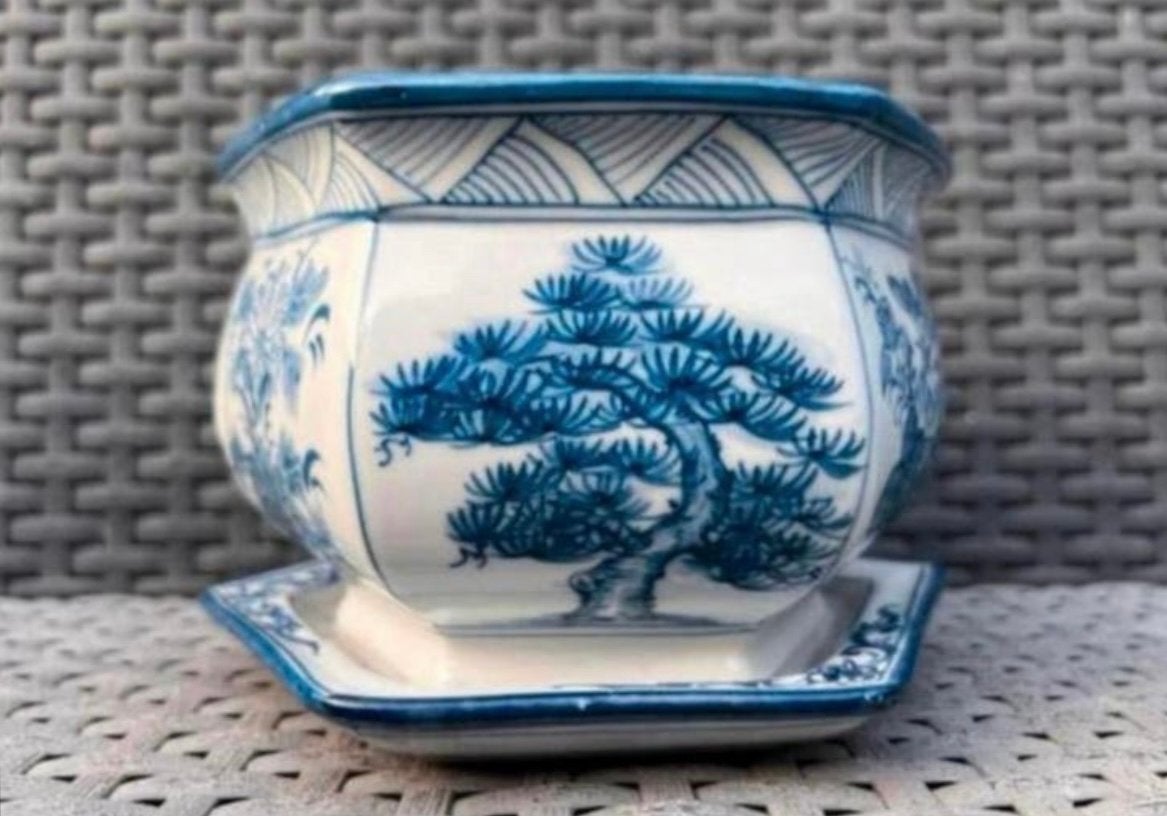 Bonsai pot + onderzetter blauw gedecoreerd porselein gemerkt, Overige materialen, Nieuw, Ophalen of Verzenden, Overige vormen