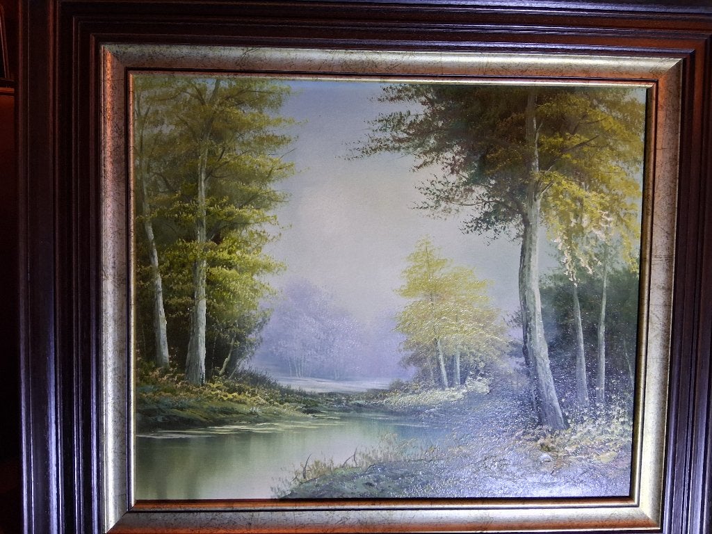 Sfeervol Landschap Schilderij met Rivier en Bomen, Handgeschilderd, Doek, Realistisch, Ophalen of Verzenden