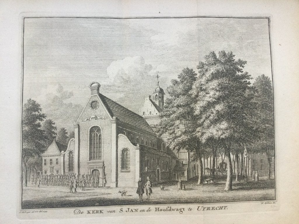 Utrecht, St. Jan Kerk, Tirion, 1750, Antiek en Kunst, Kunst | Etsen en Gravures, Stadsgezicht, Origineel, 16 cm, 20 cm