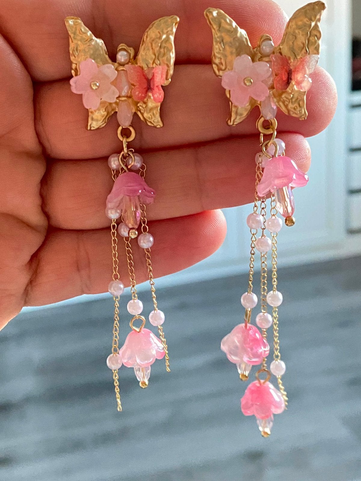Elegante Vlinder Oorbellen met Roze Bloemen en Parels, Overige materialen, Hangers, Verzenden, Nieuw