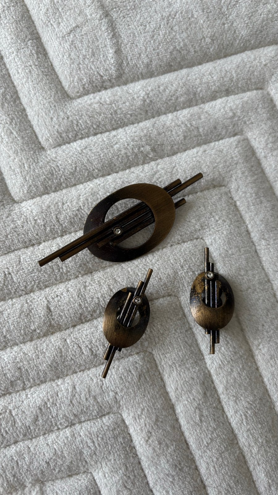 Vintage Broche en Oorbellen Set - Bronskleurig met Strass, Overige materialen, 4 tot 7 cm, Gebruikt, Bruin