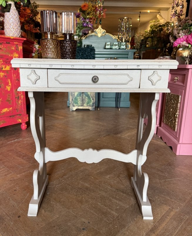 Vintage wandtafeltje, oud halkastje tafeltje sidetable VdlM, Ophalen, 1 of 2 laden, Antiek ladetafeltje kastje brocante tafel kast taupe ondiep