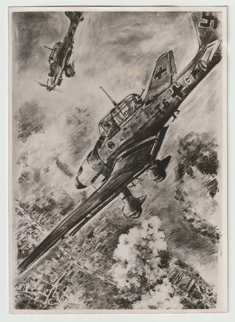 Persfoto 35 - Tekening Stuka op stad, Ophalen of Verzenden, Luchtmacht, Duitsland, Foto of Poster