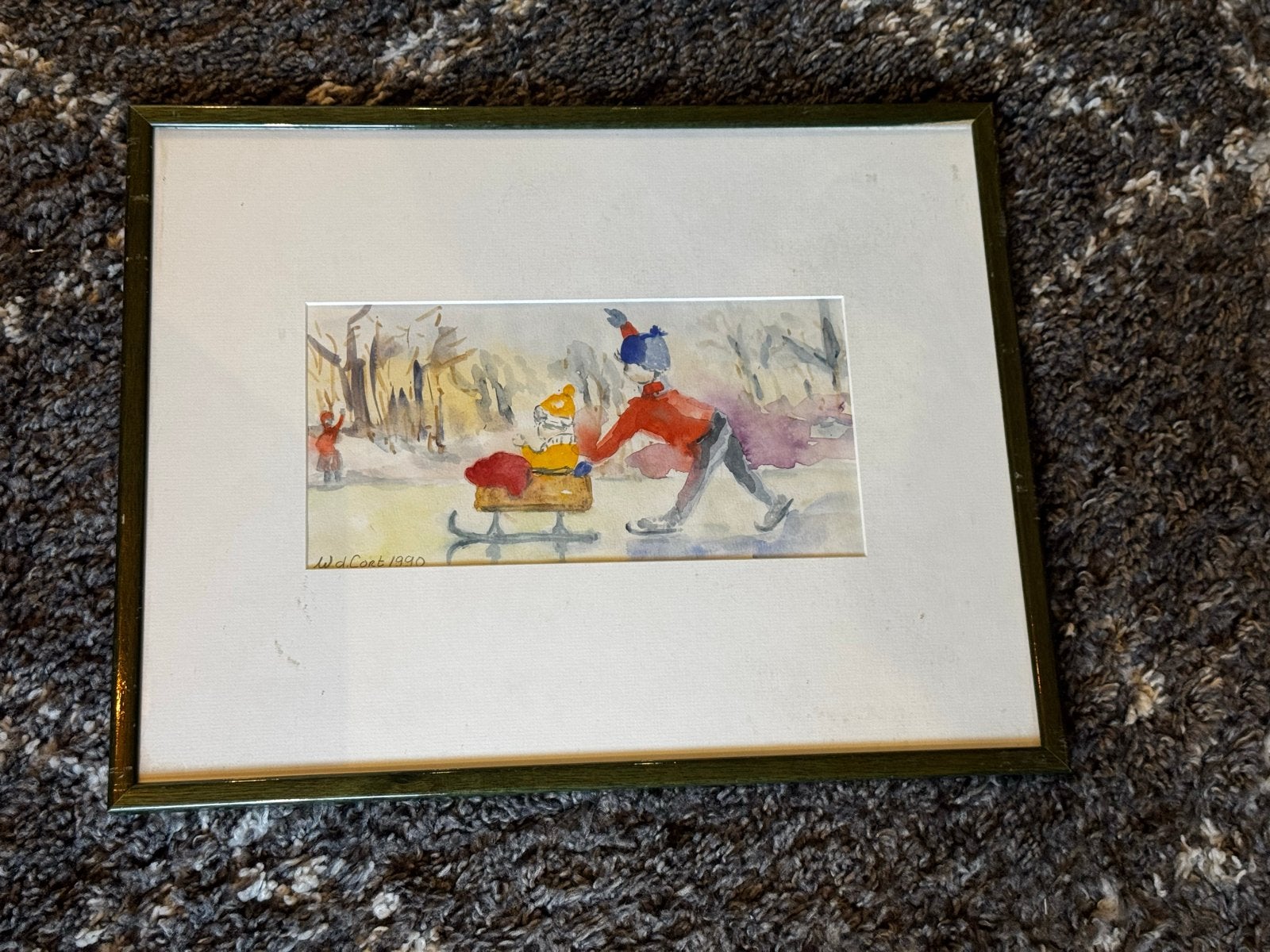 Wintertafereel:Schaatsers, aquarel 1990 W. d. Cort, Maritiem / water, Realistisch, Ophalen of Verzenden, Gesigneerd