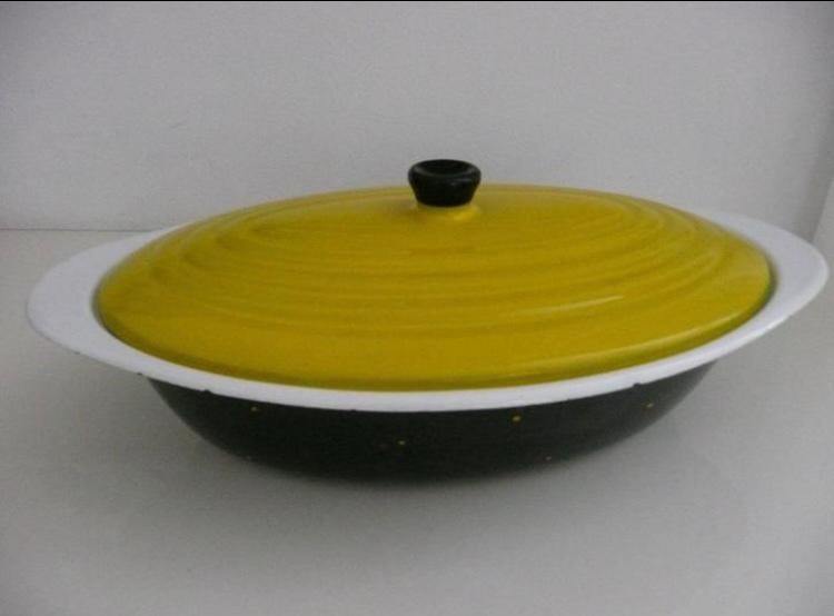 Retro pan schaal Confetti DRU ovaal geel zwart wit emaille, Antiek en Kunst, Antiek | Emaille, Ophalen of Verzenden