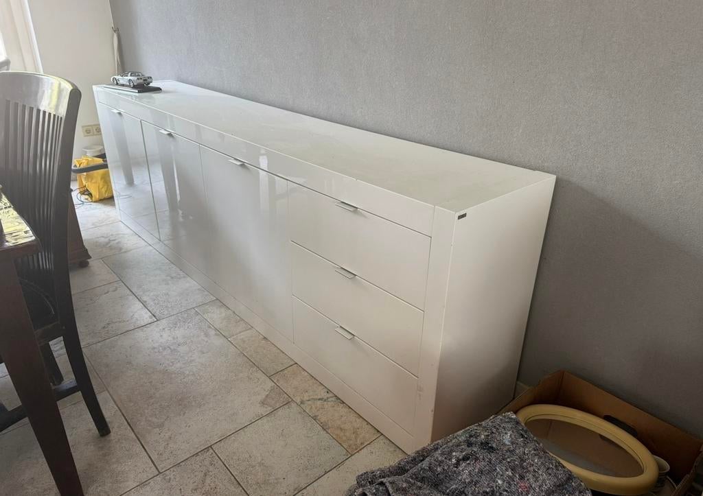 Goossens Dressoir Wit Hoogglans, Huis en Inrichting, Kasten | Dressoirs, Zo goed als nieuw, 200 cm of meer, 25 tot 50 cm, Met lade(s)