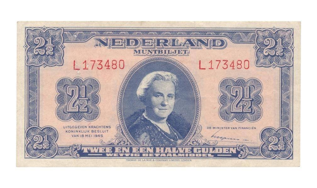 Nederland 2,5 Gulden 1945 Wilhelmina NVMH 15-1a, Ophalen of Verzenden, 2½ gulden, Los biljet