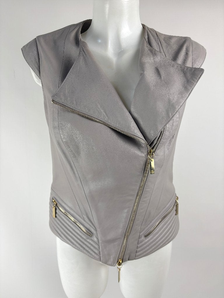ELISABETTA FRANCHI taupe leer mouwloos jasje Mt IT 44 -EU 38, Kleding | Dames, Maat 38/40 (M), Elisabetta Franchi, Ophalen of Verzenden