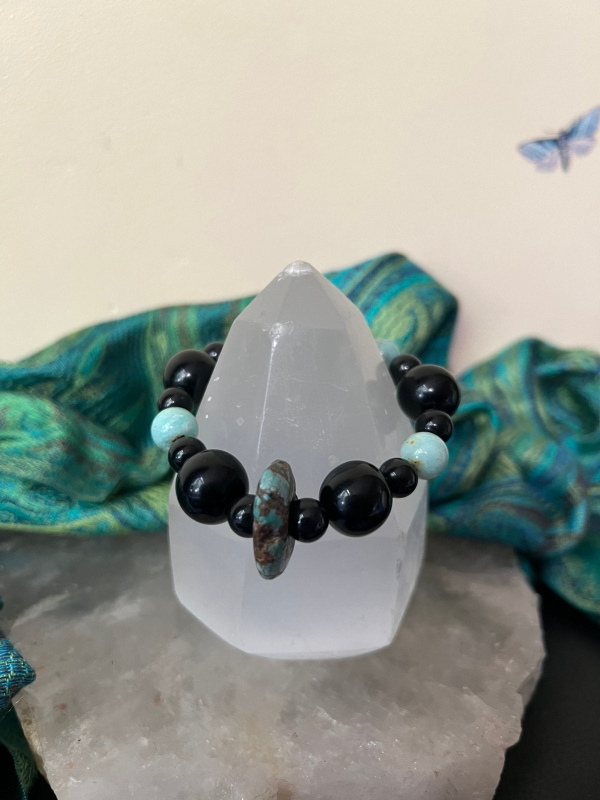 Chrysocolla git jet turkoois antiek beschermt aura straling, Met bedels of kralen, Magnolia11, Nieuw, Ophalen of Verzenden