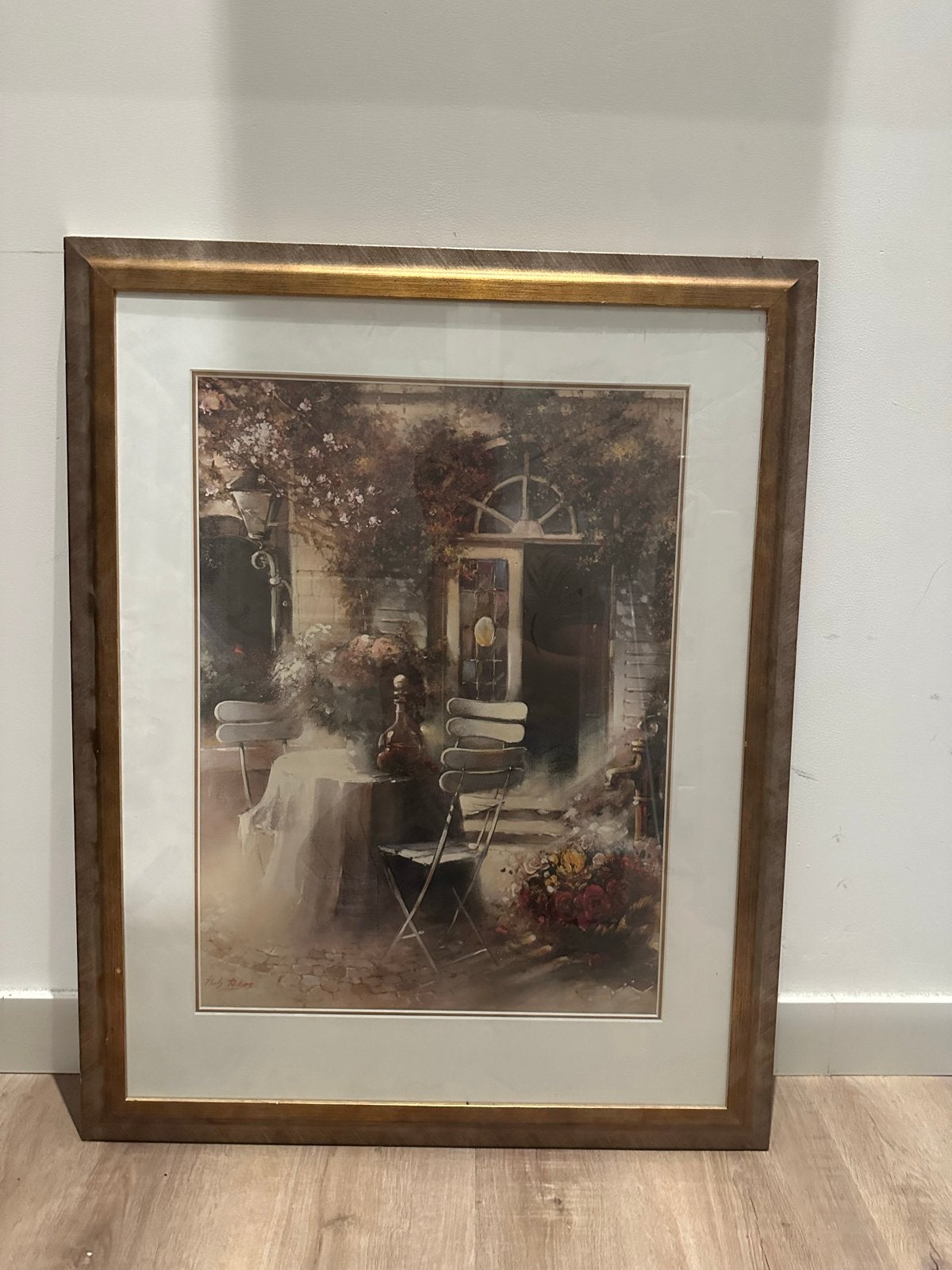 Sfeervol schilderij terras met bloemen en lamp, Antiek en Kunst, Ophalen, Realistisch, Print, Overige onderwerpen