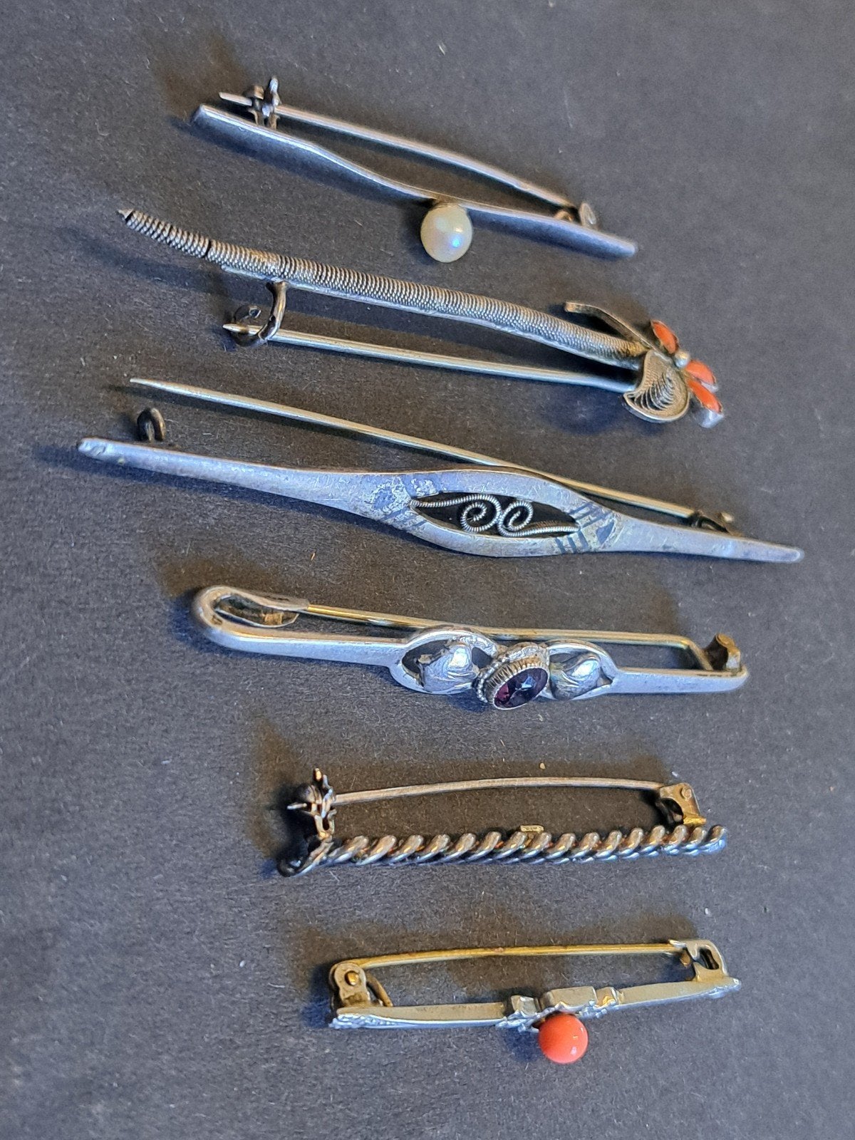 6 oude vintage zilveren broches dasspelden, Met edelsteen, 4 tot 7 cm, Onbekend, Ophalen of Verzenden
