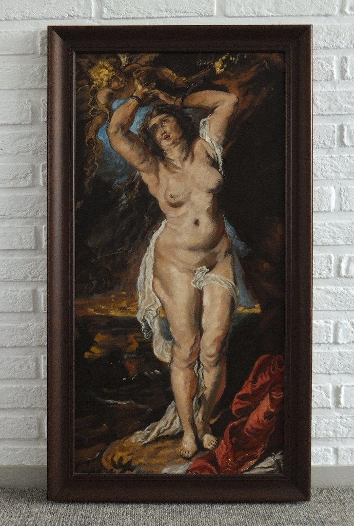 Rubens - Andromeda (kopie in olieverf), Antiek en Kunst, Ophalen, Doek, Portret of Personen, Bijzondere lijst