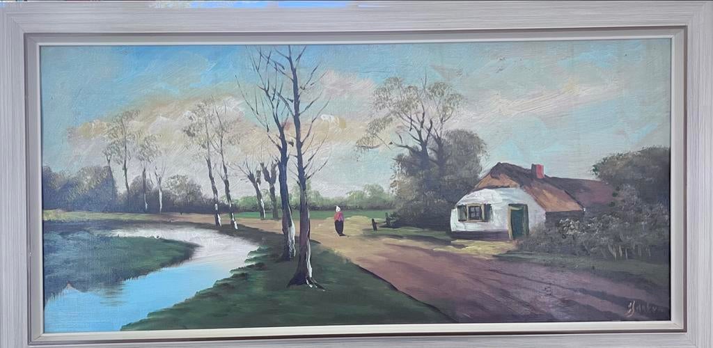Schilderij Hollands Landschap met Boerderij en Water, Antiek en Kunst, Kunst | Schilderijen | Klassiek, Ophalen