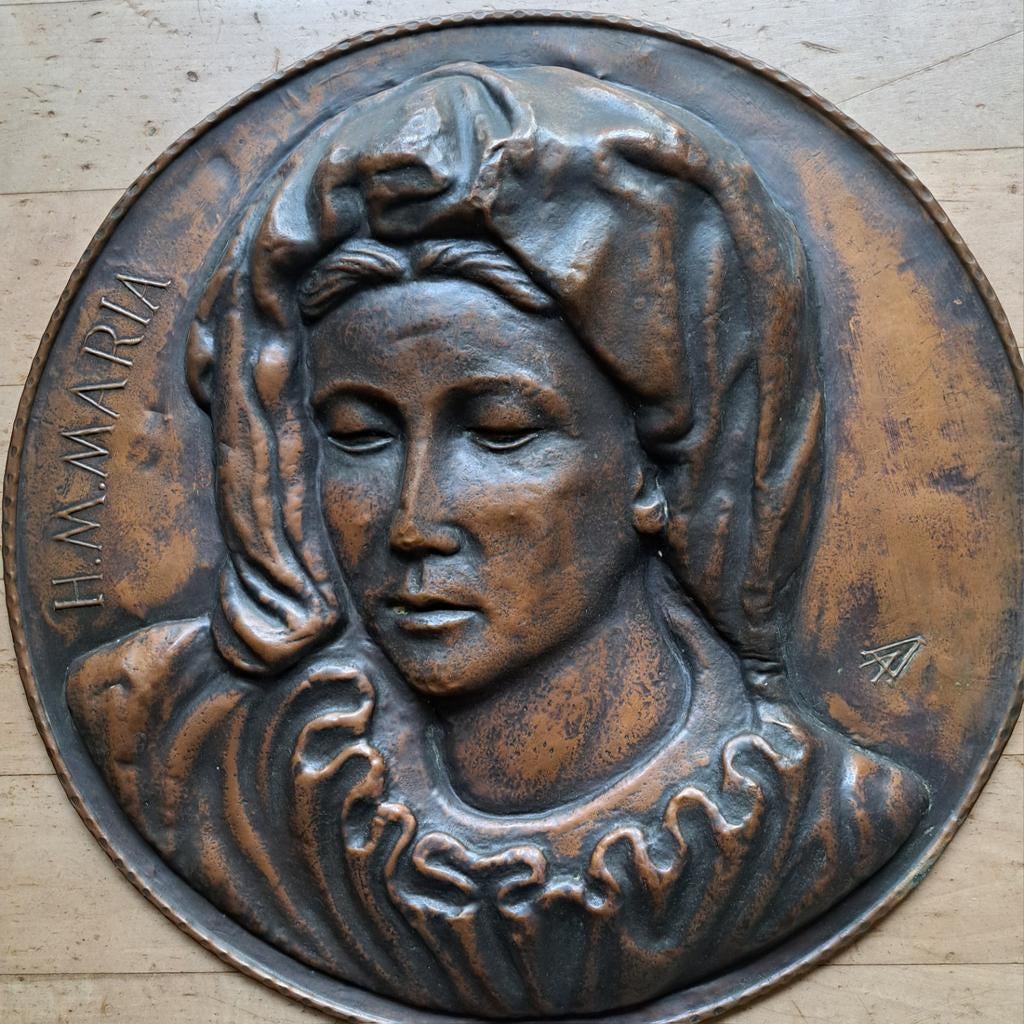 Groot Religieus Wandbord H. Maria - Koper/Brons, ca. 1900, Ophalen of Verzenden
