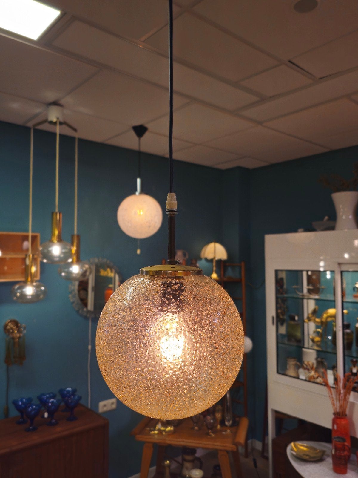 Vintage Hanglamp Glazen Bol Plafondlamp Lamp, Ophalen of Verzenden