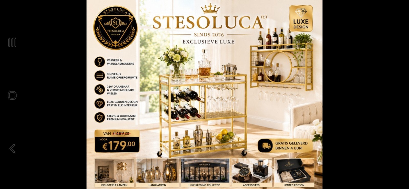 Luxe gouden serveerwagen/wijnbar €179,00, Ophalen of Verzenden, Nieuw