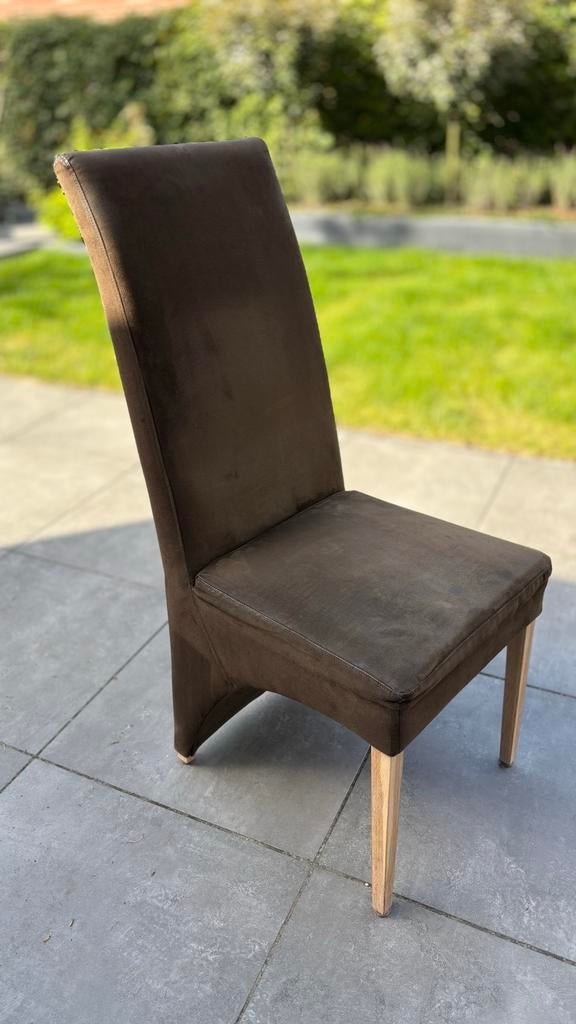 6 Bruine eetkamerstoelen, 110x46cm, Huis en Inrichting, Ophalen, Gebruikt, Bruin, Stof