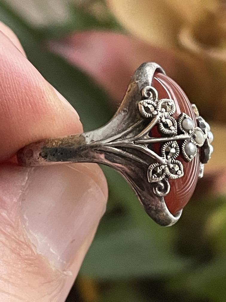 Zilveren vintagering met carneool en zaadparels, 18 tot 19, Nieuw, Ophalen of Verzenden, Nvt