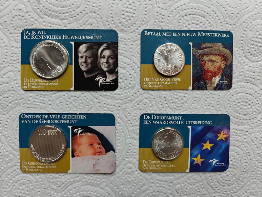 4 Zeldzame Eerste Herdenkingsmunten in Coincard, Setje, Koningin Beatrix, Euro's, Ophalen of Verzenden