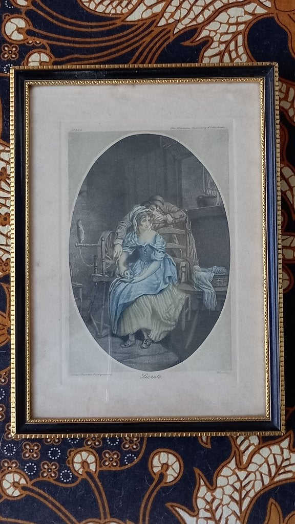 Secrets mooie antieke ingelijste gravure uit Frankrijk 23 cm, Met tekst, Dagelijks leven, 1800 - 1899, Ophalen of Verzenden