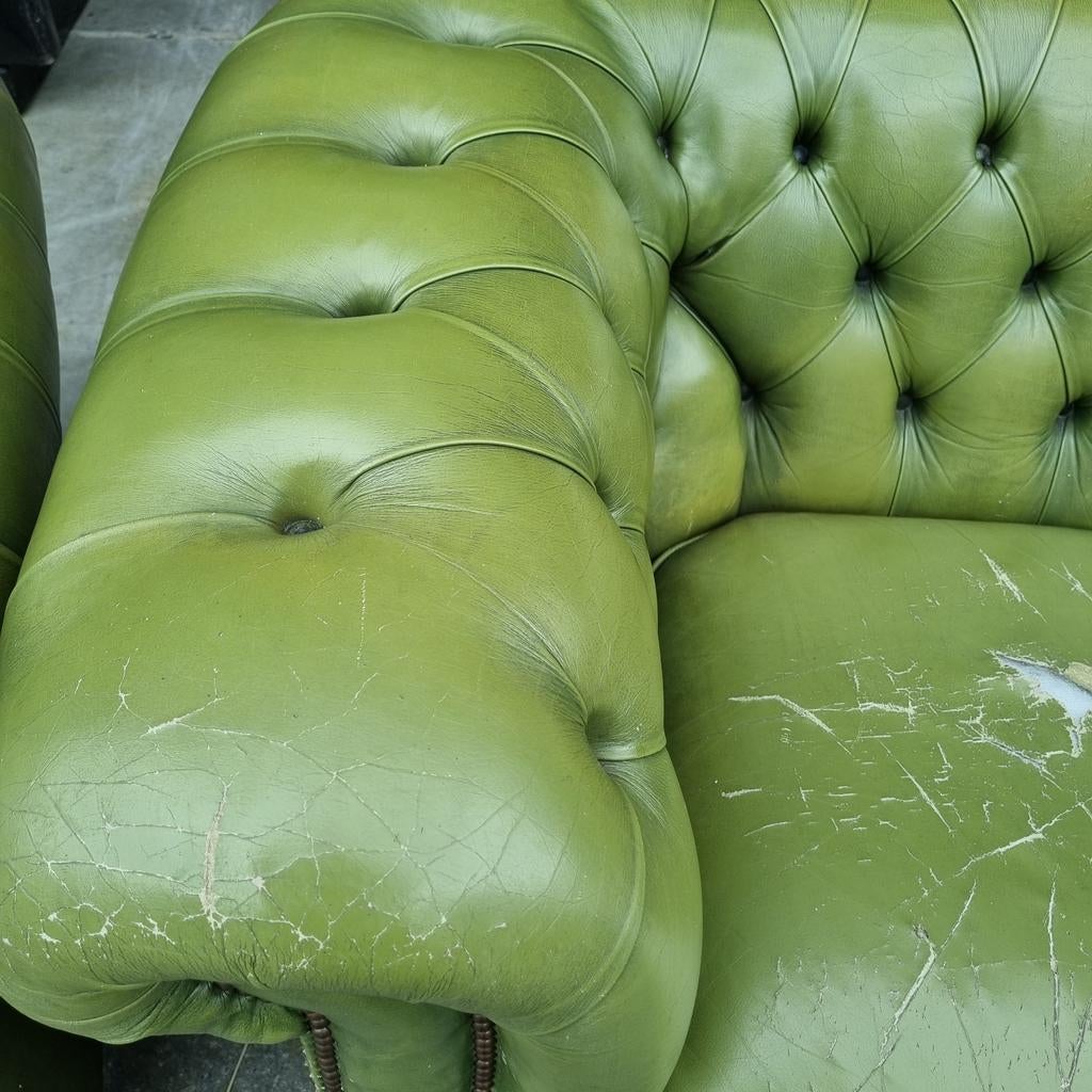 Vintage Chesterfield bankstel groen + BEZORGING GRATIS, Huis en Inrichting, Banken | Bankstellen, Gebruikt, ., Chesterfield, Leer
