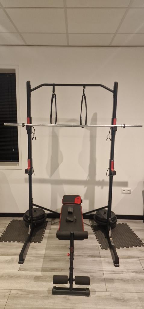 Squat Rack Domyos Decathlon incl. Barbell en 80kg gewichten!, Ophalen, Zo goed als nieuw, Fitnessbank