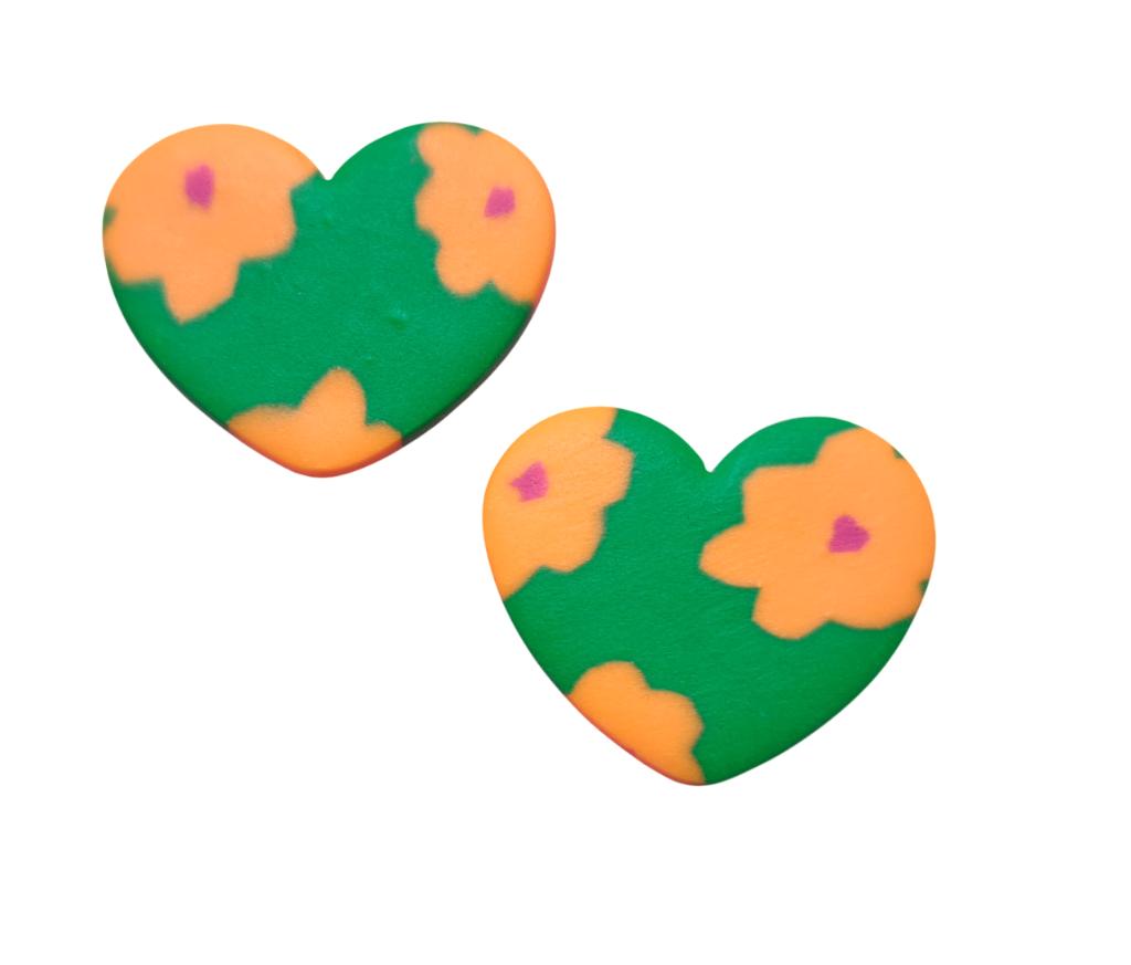 RETRO VIBE hartjes oorbellen bloemetjes oranje/groen, Sieraden, Tassen en Uiterlijk, Oorbellen, Nieuw, Knopjes of Stekers, Overige materialen