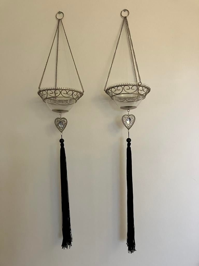 2 Brocante theelicht houders / hangers, Overige materialen, Gebruikt, Zwart, Ophalen of Verzenden