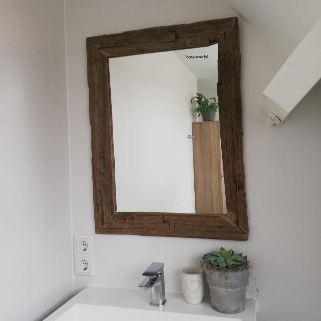 oud houten spiegel | spiegel oud hout | spiegel op maat, Nieuw, Ophalen of Verzenden, Minder dan 100 cm, Rechthoekig